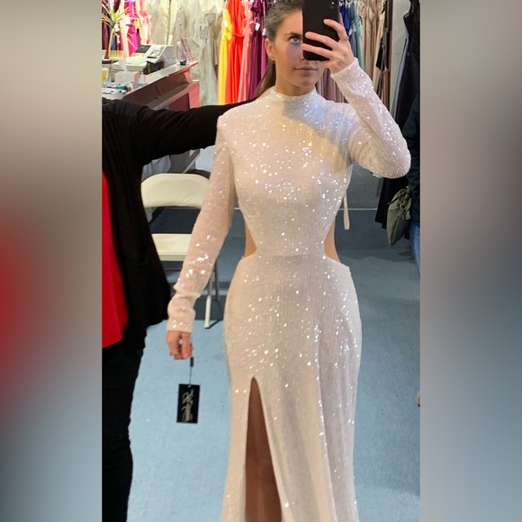 La Femme Long Sleeve Sequin Dress with Open Back - Picture 3 of 3